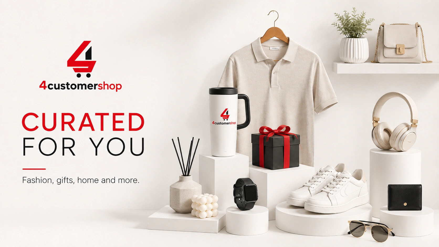 Collection of lifestyle products including clothing, accessories, and home goods from 4customershop.