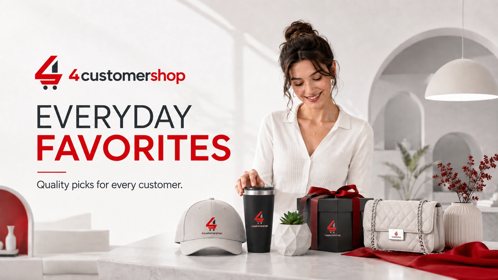 Woman displaying 4customershop branded merchandise including a cap, tumbler, gift box, and handbag.