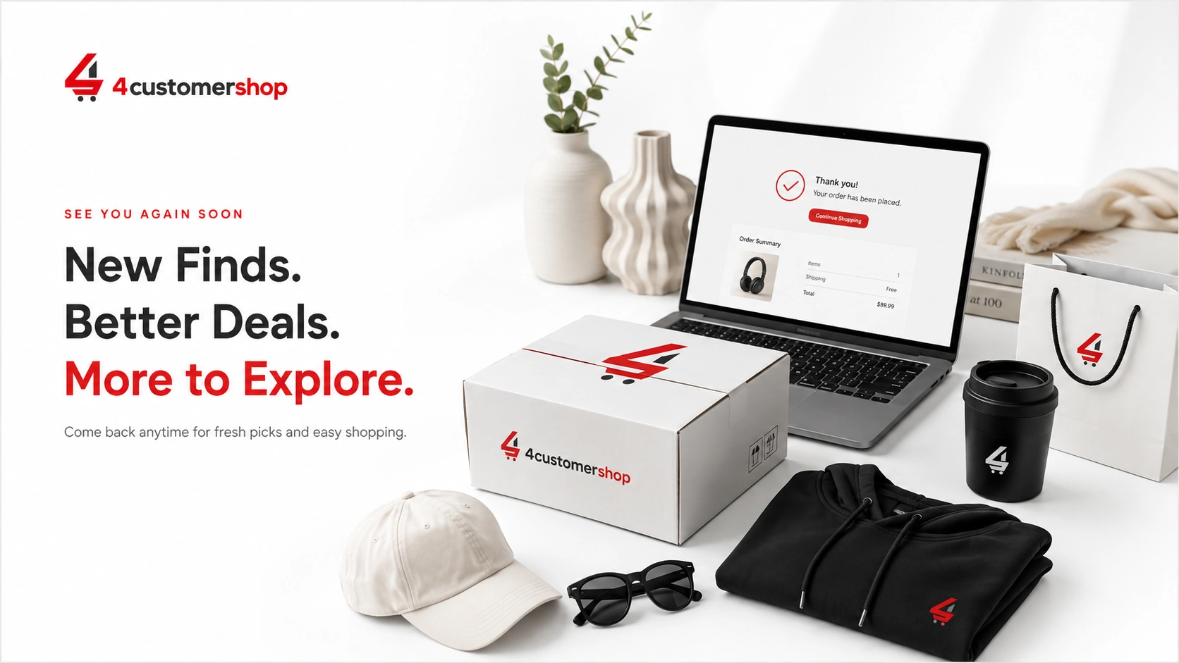 4customershop online order confirmation page on a laptop surrounded by branded merchandise and shipping box