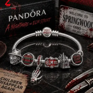 A Nightmare on Elm Street themed Pandora charm bracelet featuring horror-inspired metal beads and charms.