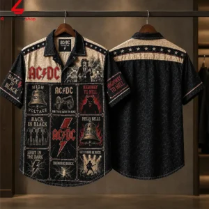 Front and back views of an AC/DC commemorative graphic short-sleeve button-down shirt.