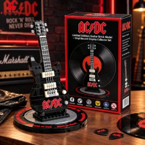 AC/DC brick-built electric guitar model with display stand and packaging