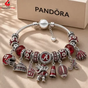 Alabama Crimson Tide themed Pandora charm bracelet with university memorabilia and red crystals.