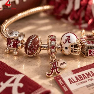 Alabama Crimson Tide themed charm bracelet with school mascot and football gear