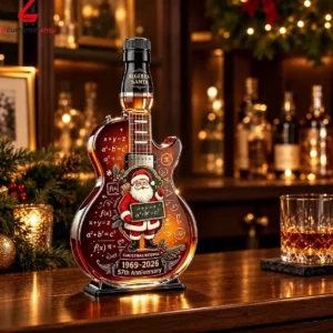 Algebra Santa guitar-shaped liquor bottle with holiday decorations