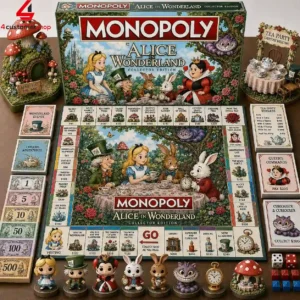 Alice in Wonderland collector edition monopoly board game with character figures and accessories