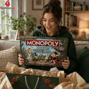 Woman holding an Alice in Wonderland collector edition Monopoly board game.