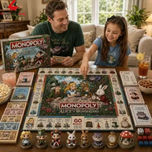 A father and daughter playing the Alice in Wonderland collector edition Monopoly game together in a living room.