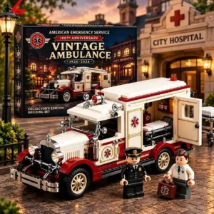 100th Anniversary Vintage Ambulance building set with minifigures in front of a City Hospital model.