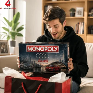 A man excitedly holding a Monopoly Audi Collector Edition board game box.