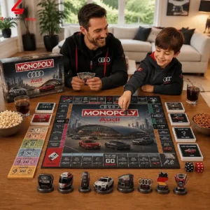 Father and son playing Audi Monopoly collector edition board game at home.