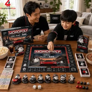 A father and son playing the Audi x Boo Monopoly board game at home.