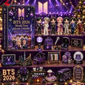 BTS 2026 World Tour Advent Calendar featuring 24 days of purple-themed collectibles and figurines.