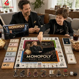 Father and son playing the Barry Manilow Collector Edition Monopoly board game at home