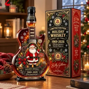 A decorative guitar-shaped holiday whiskey bottle with a Santa Claus graphic and matching display box.