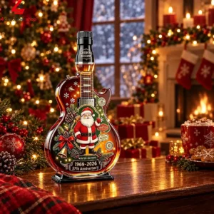 Guitar-shaped Gibbons Reserve holiday spirit bottle with Santa Claus illustration
