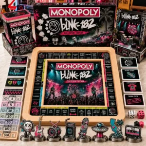 A complete Blink-182 Monopoly board game set with specialized tokens, money, and cards.