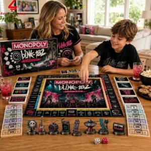 A woman and a boy playing a Blink-182 themed Monopoly board game in a living room.