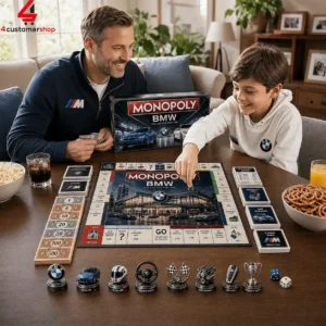 Father and son playing BMW Collector Edition Monopoly board game at home
