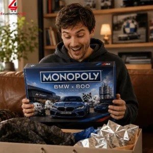 BMW x Boo Collector Edition Monopoly Board Game 4 A man excitedly holding a BMW x Boo Monopoly collector edition board game.