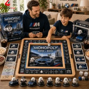 BMW x Boo Collector Edition Monopoly Board Game 5 Father and son playing the BMW x BOO Monopoly collector edition board game.