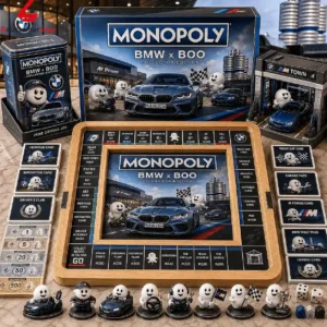 BMW x Boo collector edition Monopoly game set featuring custom character tokens and car models.