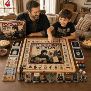 Father and son playing a Bob Dylan themed Monopoly board game at home.