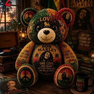 Reggae-themed Bob Marley teddy bear with One Love and peace motifs