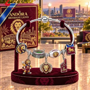 Brisbane Lions-themed charm bracelet on a velvet display stand with themed gift box