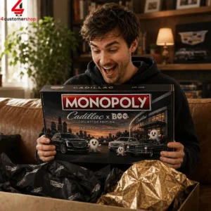 A man excitedly holding a Cadillac Monopoly Collector Edition board game.