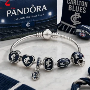 Sterling silver Carlton Football Club Pandora charm bracelet with themed team beads.