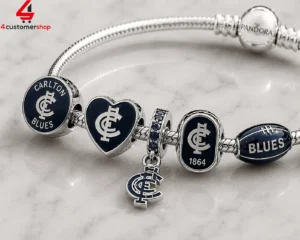 Pandora sterling silver charm bracelet featuring Carlton Blues AFL team logos