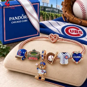 Pandora rose gold charm bracelet featuring Chicago Cubs baseball theme charms