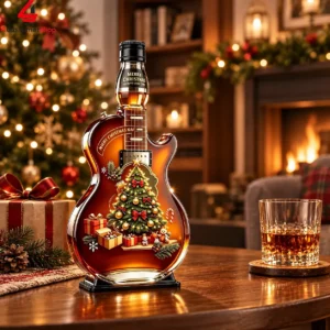 Guitar-shaped Christmas liquor bottle with holiday decorations
