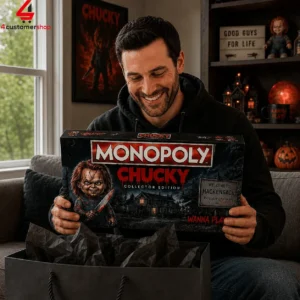 Man holding a Chucky Collector Edition Monopoly board game
