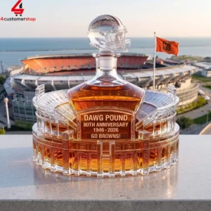 Cleveland Browns 80th anniversary commemorative whiskey decanter with stadium base.