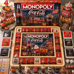 Coca-Cola themed Monopoly board game set with Halloween decorations and miniature collectibles
