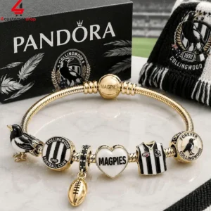 Pandora Collingwood Magpies AFL charm bracelet with team-themed beads.