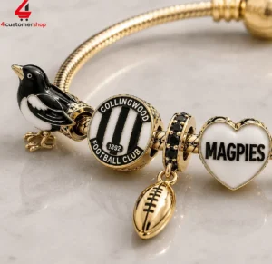 Collingwood Football Club gold charm bracelet with team mascot and logo charms