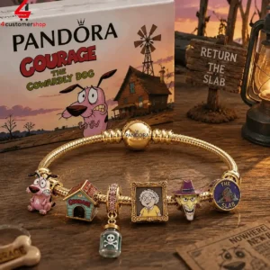 Pandora gold charm bracelet featuring Courage the Cowardly Dog themed charms