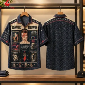 David Bowie tribute button-up shirt featuring album art and lyrics