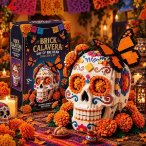 A Brick Calavera Day of the Dead collector set featuring a decorative sugar skull model and packaging surrounded by marigolds and candles.