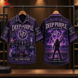 Deep Purple band themed graphic print short sleeve button-up shirt