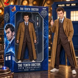 Tenth Doctor 20th Anniversary Hot Toys collector figure in packaging next to the loose figure