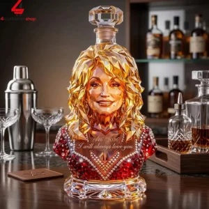Crystal glass decanter sculpted as a portrait of Dolly Parton