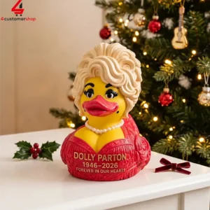 Dolly Parton themed rubber duck memorial figurine in red dress
