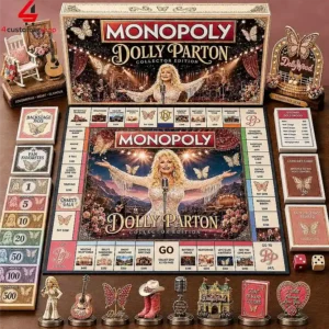 Dolly Parton Collector Edition Monopoly board game set displayed with themed playing pieces and accessories.