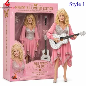 Dolly Parton memorial limited edition collector doll in pink dress with guitar and packaging.