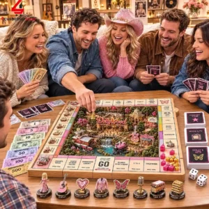 A diverse group of friends laughing and playing a Dolly Parton themed board game at a wooden table.