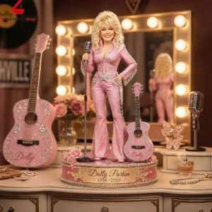 Dolly Parton commemorative figurine in a pink outfit with guitars and vanity mirror background